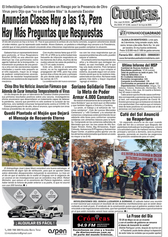 Diario Crónicas de Mercedes, Soriano, Uruguay | tapa del 21 mayo 2020